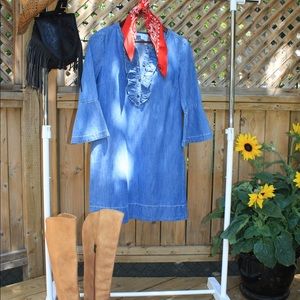 Chambray ruffle front shift dress